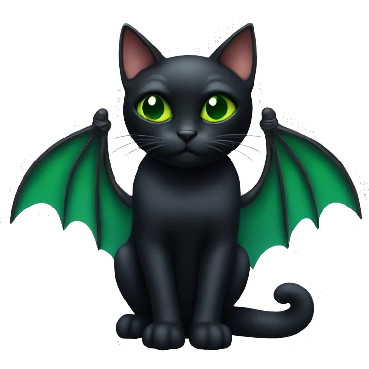 Black cat with bat wings and green eyes emoji