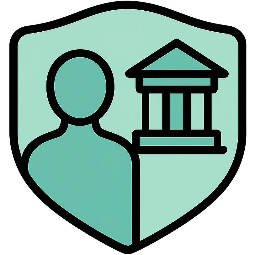 Public service badge with profile silhouette and government building, fluid dimensional design, techy style, black outlines with mint green #B5F4D3 fills emoji