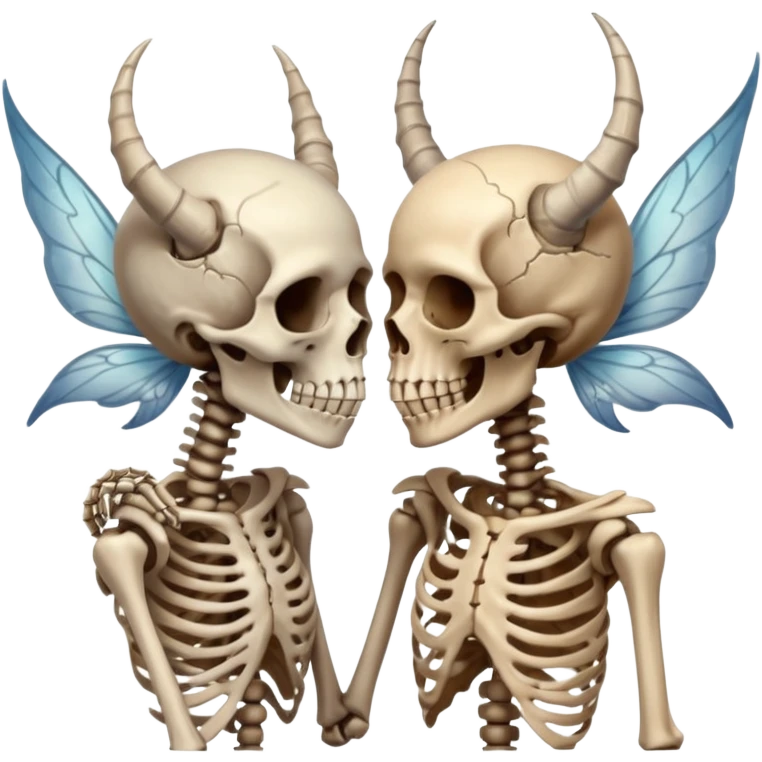 A skeleton woman with distressed fairy wings kissing a Skelton man with horns.  emoji