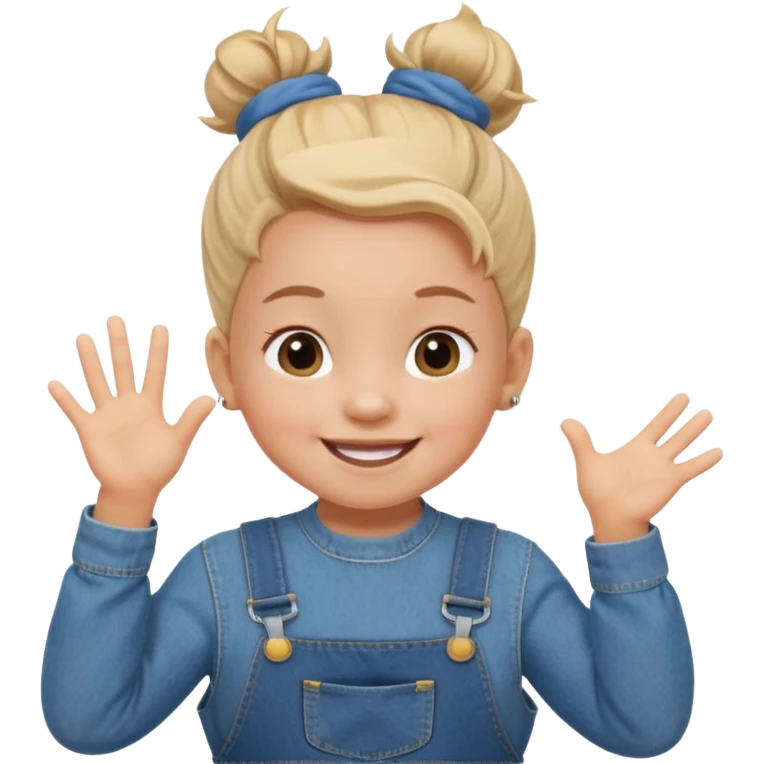Cheerful toddler with a playful one topknot and denim overalls, smiling at camera emoji