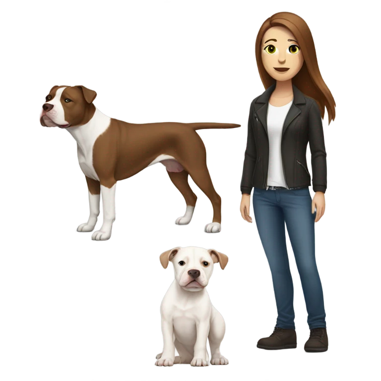 white woman with straight long brown hair standing alongside a white pitbull emoji