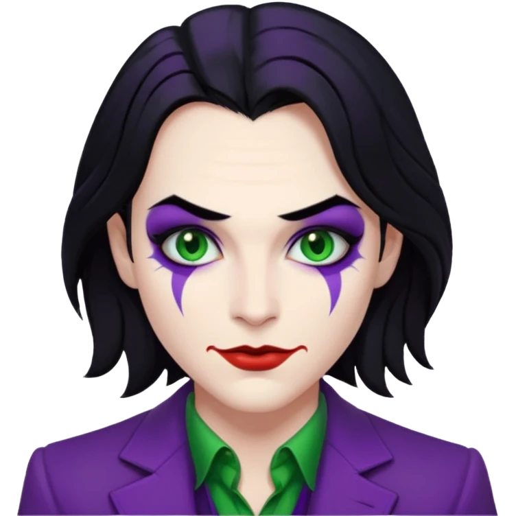 Faça uma pessoa com cabelo preto e pouco grande para frente com cara de coringa emoji