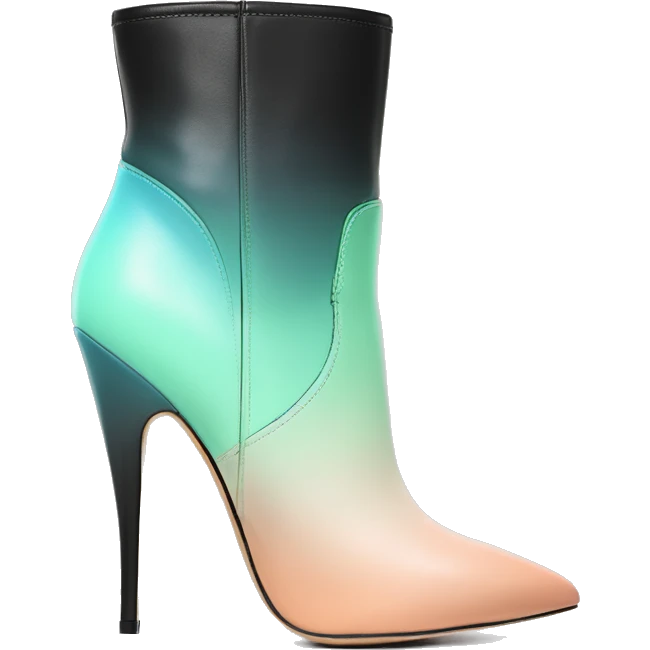 Real isolated top front view of a pair of black,peach,pastel green,pastel blue ombre Guess Jeans brand stiletto high heel ankle bootie boots emoji