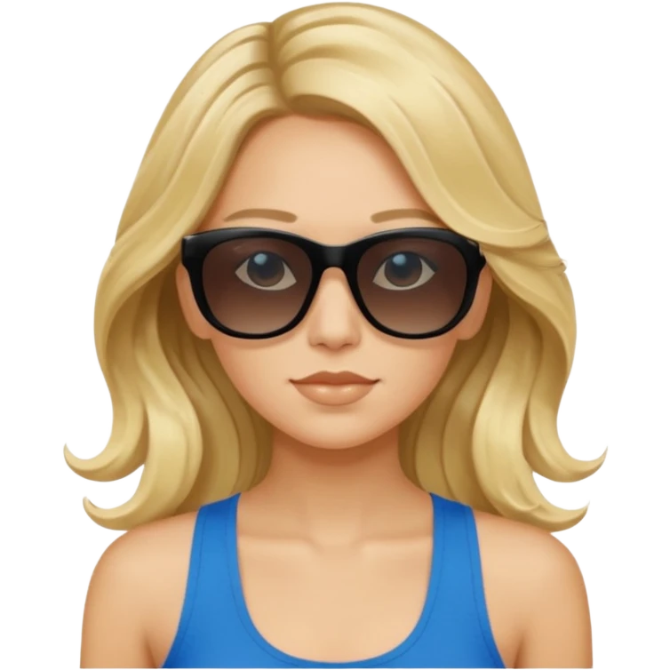 an olive tan woman with long, wavy blonde hair in a blue tank top wearing black Prada sunglasses emoji