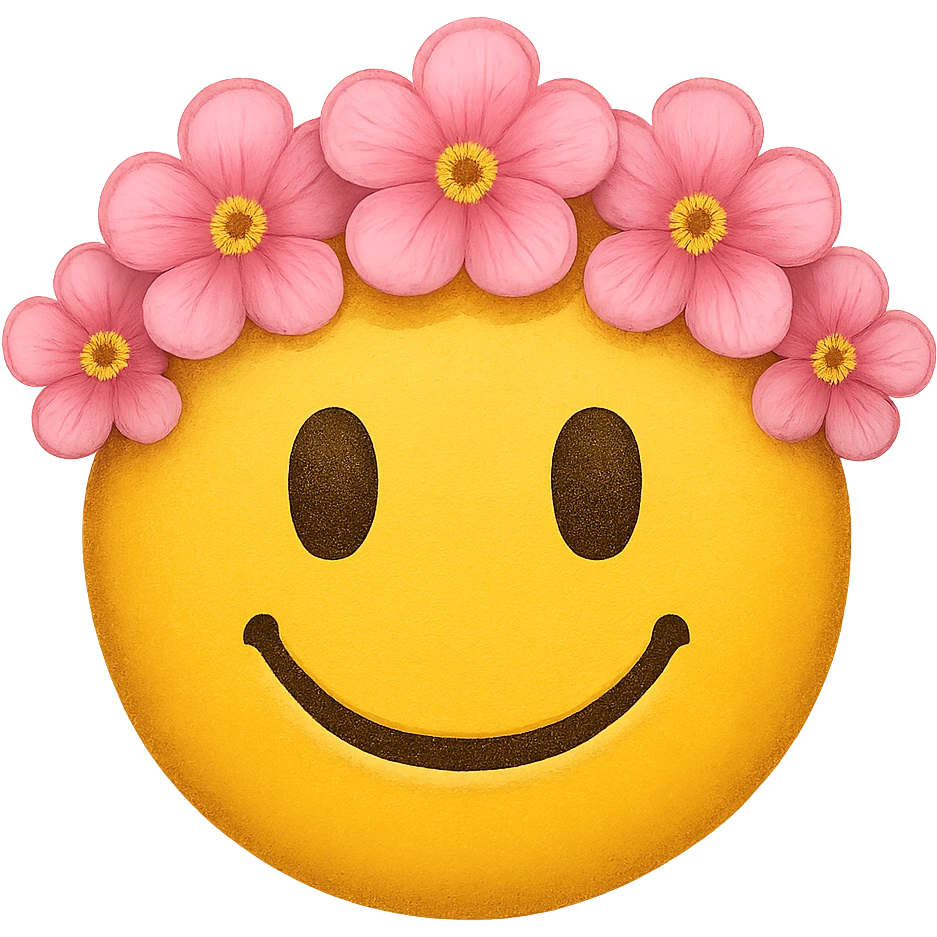 yellow face with pink flower crown emoji, digital illustration emoji