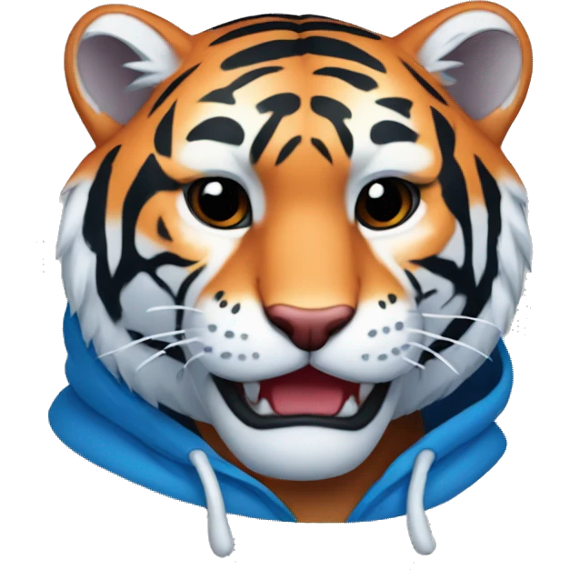 telegram sticker a A blue tiger with red stripes, red ears on the inside and black on the outside  wearing a hoodie emoji