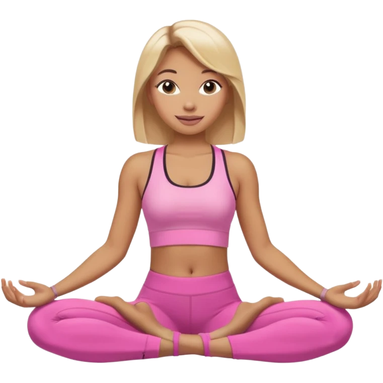 Mujer color de piel moreno claro con cabello rubio suelto y lacio, que tenga gloss en los labios y se vea usando Blush rosita, usando un top rosa deportivo y leggins deportivo rosa en una pose de yoga, viendo hacia enfrente con ojos negros y sonriendo sin mostrar los dientes emoji
