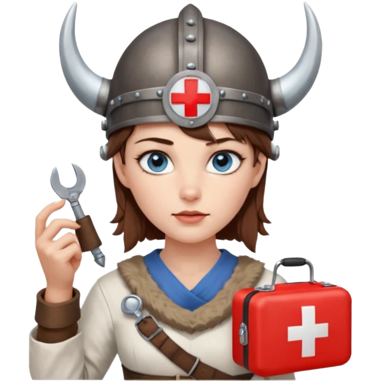 A young woman with beautiful blue eyes, short brown hair shaved on the sides, giving her a Viking look and a horned helmet. She holds a medical kit with a red cross icon in her hand. A stereoscope hangs around her neck. emoji