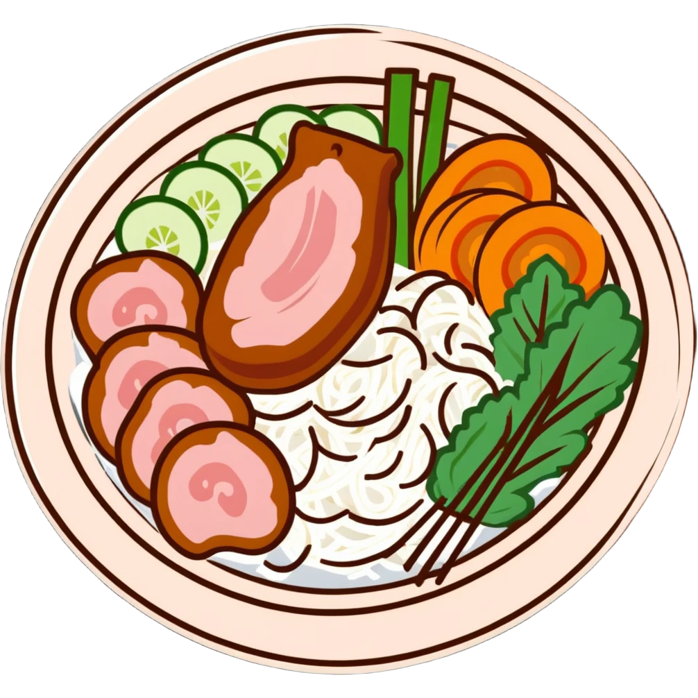 A Vietnamese Bún Thịt Nướng dish with rice noodles, grilled pork, fresh herbs, and vegetables in a bowl emoji