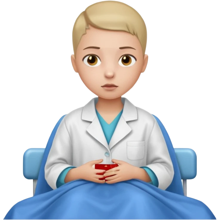 A nine year old girl that is wearing a hospital bed coat that has a buzz cut and her nose is bleeding emoji