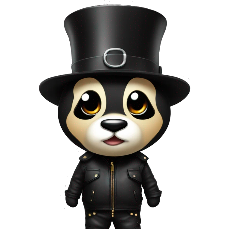 A panda with a top hat in a black leather jacket fashionable pants color Very dark so black and sports shoes of different colors emoji