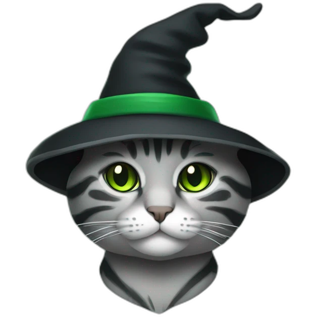 Grey stripped cat with green mantel and black Witch hat emoji