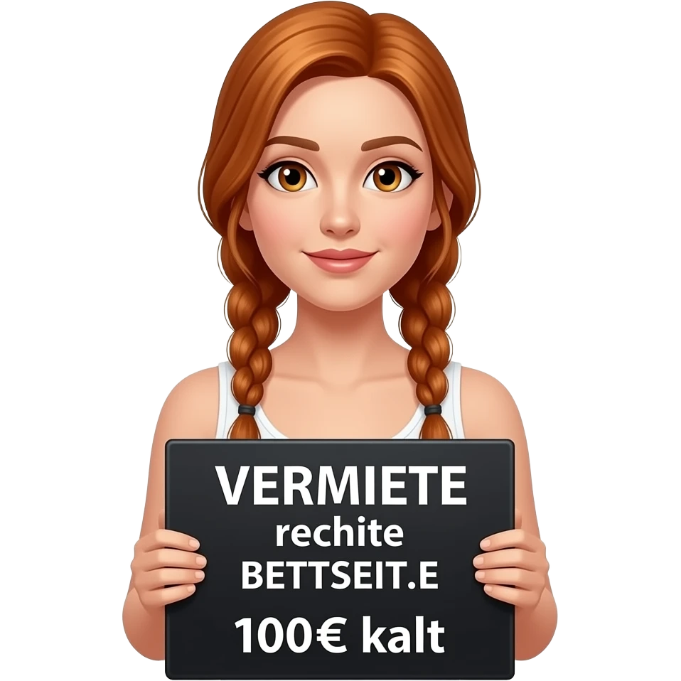 sexy girl with long ginger braids and ginger eyes wearing a white tanktop is holding a black sign with VERMIETE rechte BETTSEIT.E 100€ kalt written on it emoji