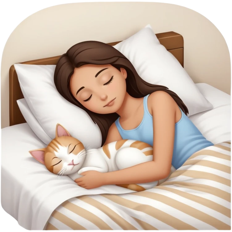 side view brunette teenage girl sleeping with white cat that has beige stripes on a white pillow with white sheets emoji