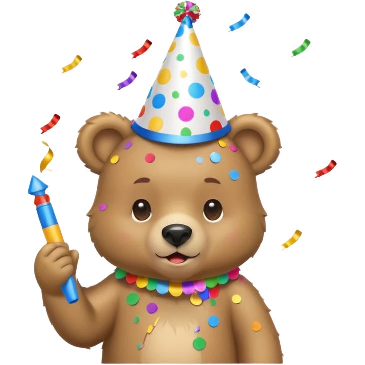 Partying bear cub with confetti and party blower emoji