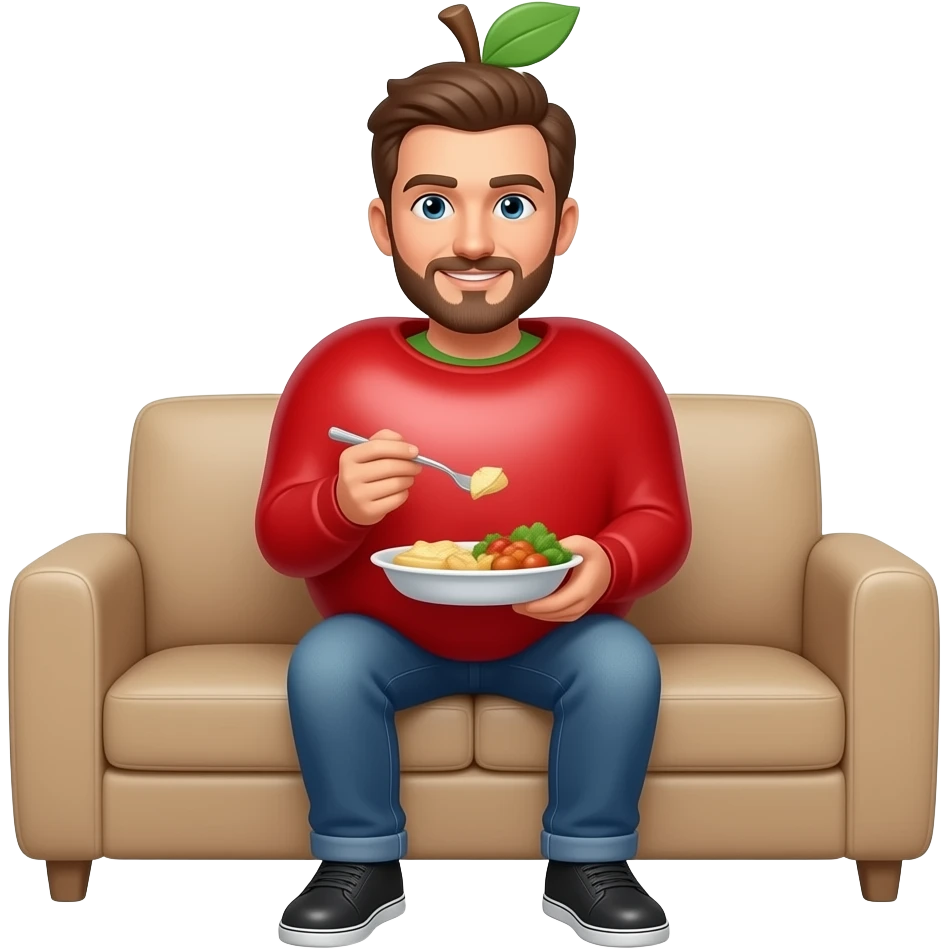 Man sitting on sofa with meal on his hands with an apple style person emoji