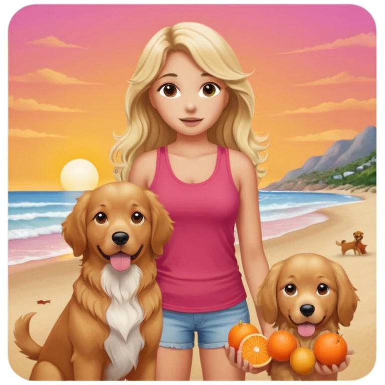20 year old white girl with tanned summer skin, long wavy blonde hair with brunette highlights, brown eyebrows, middle part, wearing a red tank top, standing with an English golden retriever, beach sunset background with pinks and oranges emoji