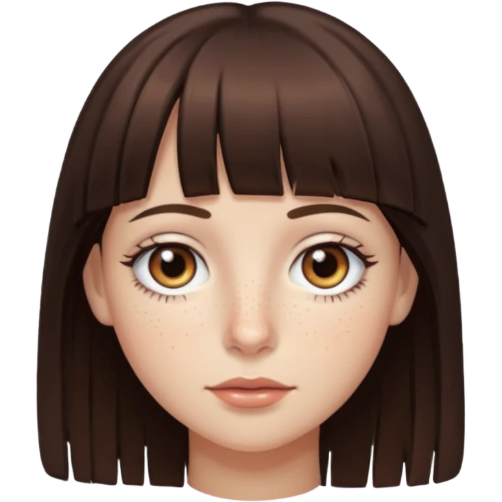 branca, olhos hazel, franjnha, pequenas sardas, cabelo castanho escuro, zoombir emoji