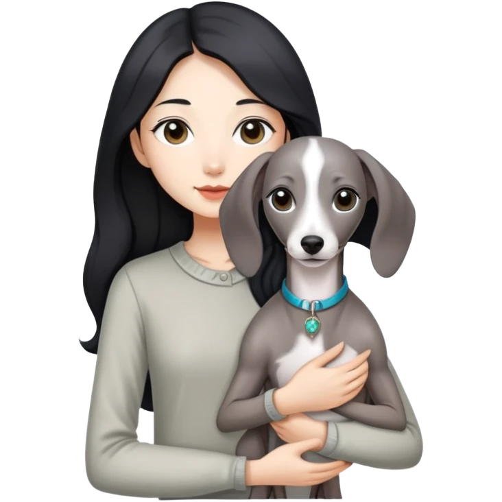 Slim Chinese girl with long black hair holding all grey Italian greyhound emoji