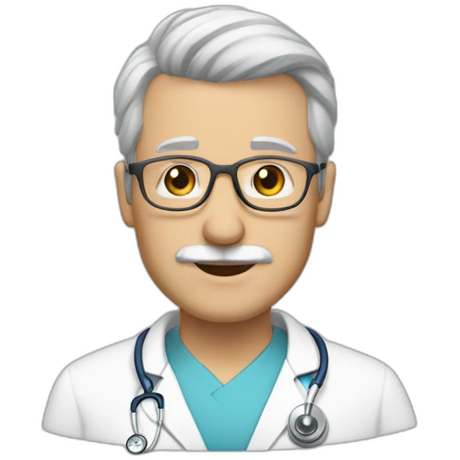 a white doctor with gray hair on the sides. bald in the middle, with glasses and a mustache and blue eyes emoji