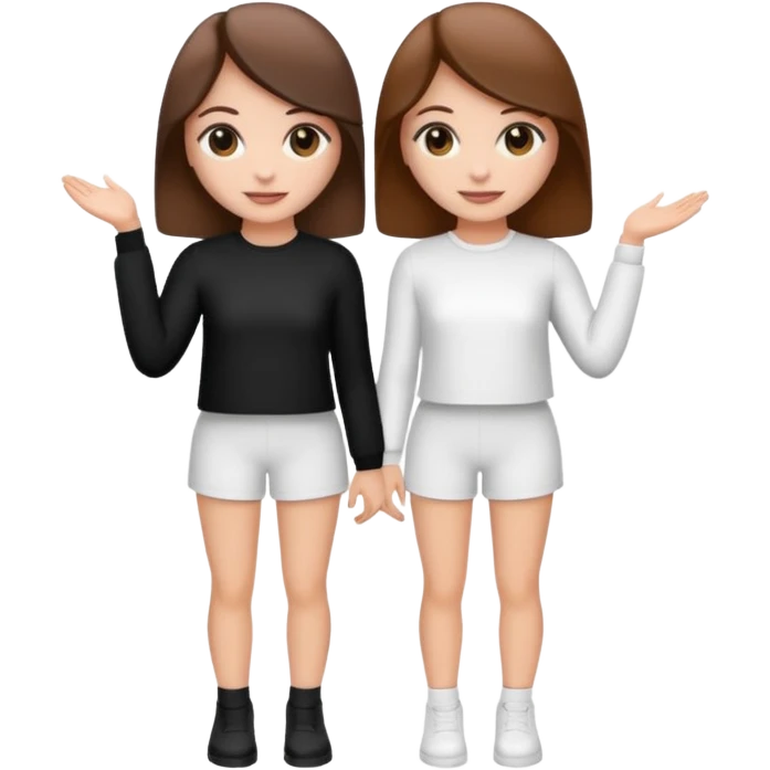 👯‍♀️ generate this emoji, as two white girls, bffs, the same pose but maybe the outfit cuter. we are models. both with brown hair. one girl in white outfit, the other in black emoji