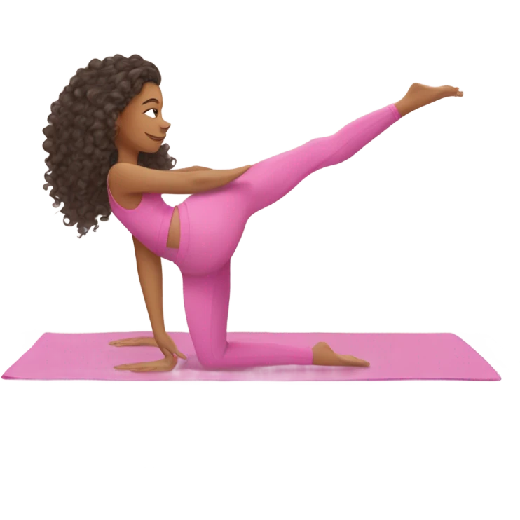 a gorgeous mixed girl with long curly hair to the floor doing pilates in an all pink outfit on a white yoga mat, and long eyelashes emoji