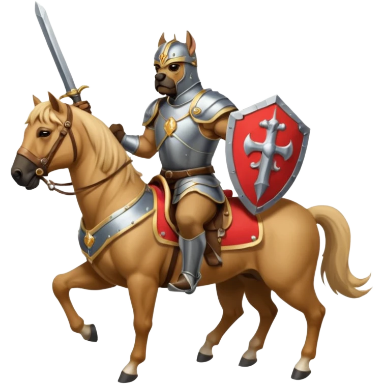 A bullmastiff as a legend with sword and shield on a horse emoji