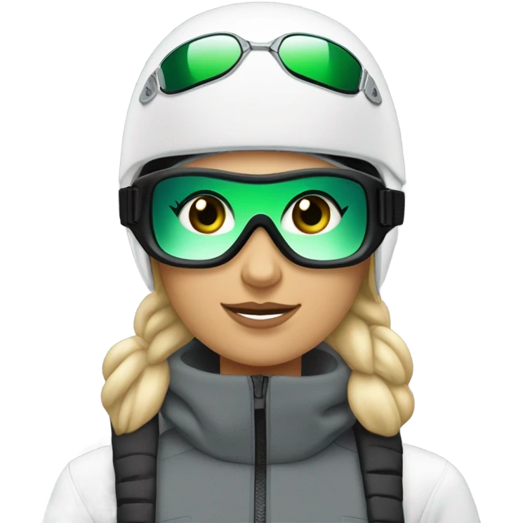 Green-eyed, fat female skier with medium-length straight blonde hair no curls, snow goggles on top of helmet, white ski helmet, gray snow jacket, green ski gloves, long black pants rolled up at the bottom, black only snow boots standing tall. emoji
