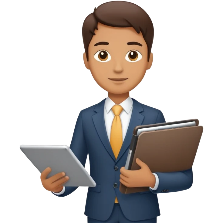 A flat-style illustration of a business executive confidently, holding a digital tablet or folder. The character wears smart business attire emoji
