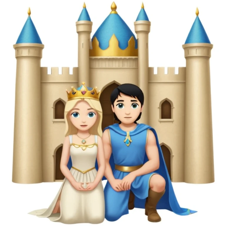 Man as king, standing, black Hair, blue eyes, woman, blonde, green eyes, shott white sleveless Dress, kneeling, background palace emoji