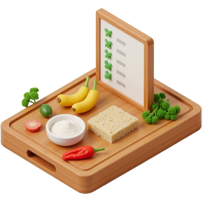 Ingredients on teh wooden cutting board with floating list  emoji
