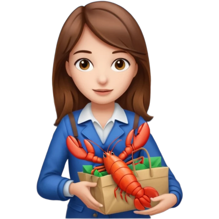 Cute girl brown hair at airport holding gift bag with lobster inside emoji