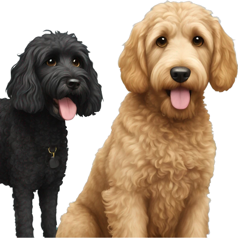 A golden Labradoodle next to a black short haired Portuguese water emoji
