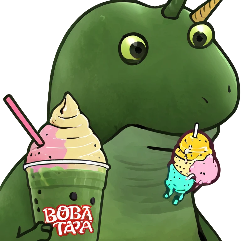 A bald girl riding a unicorn with boba tea emoji