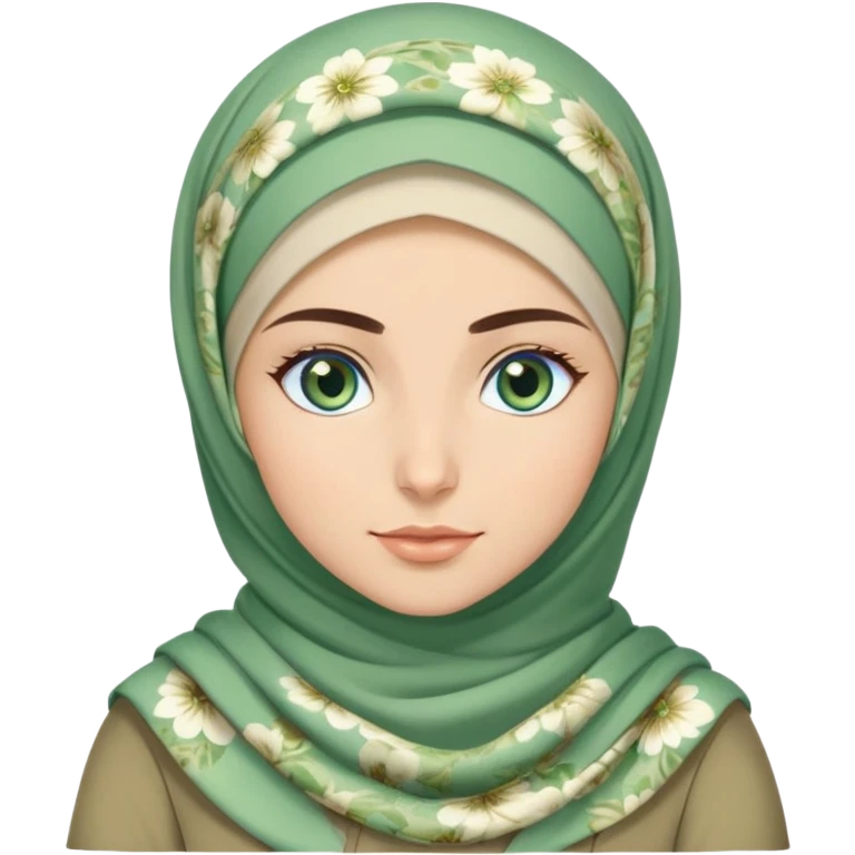 Turkish beautiful finish Konya girl blue eyes and green khaki hijab and light green floral dress and she work on office emoji
