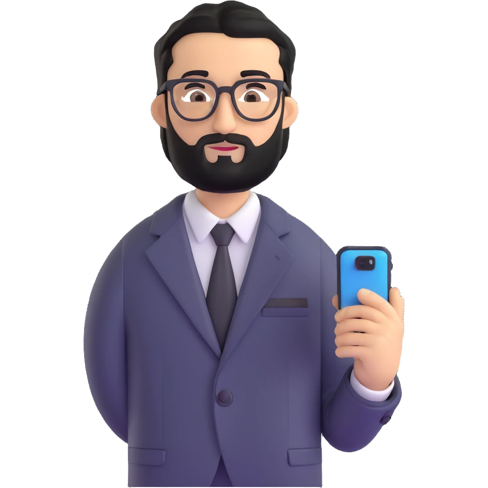 polished standing pose of professional man with medium black beard, black hair styled and combed to one side, connected unibrow, olive tan skin, brown eyes, glasses, prominent nose, dressed in formal black jacket, prominently displaying mobile phone in hand emoji