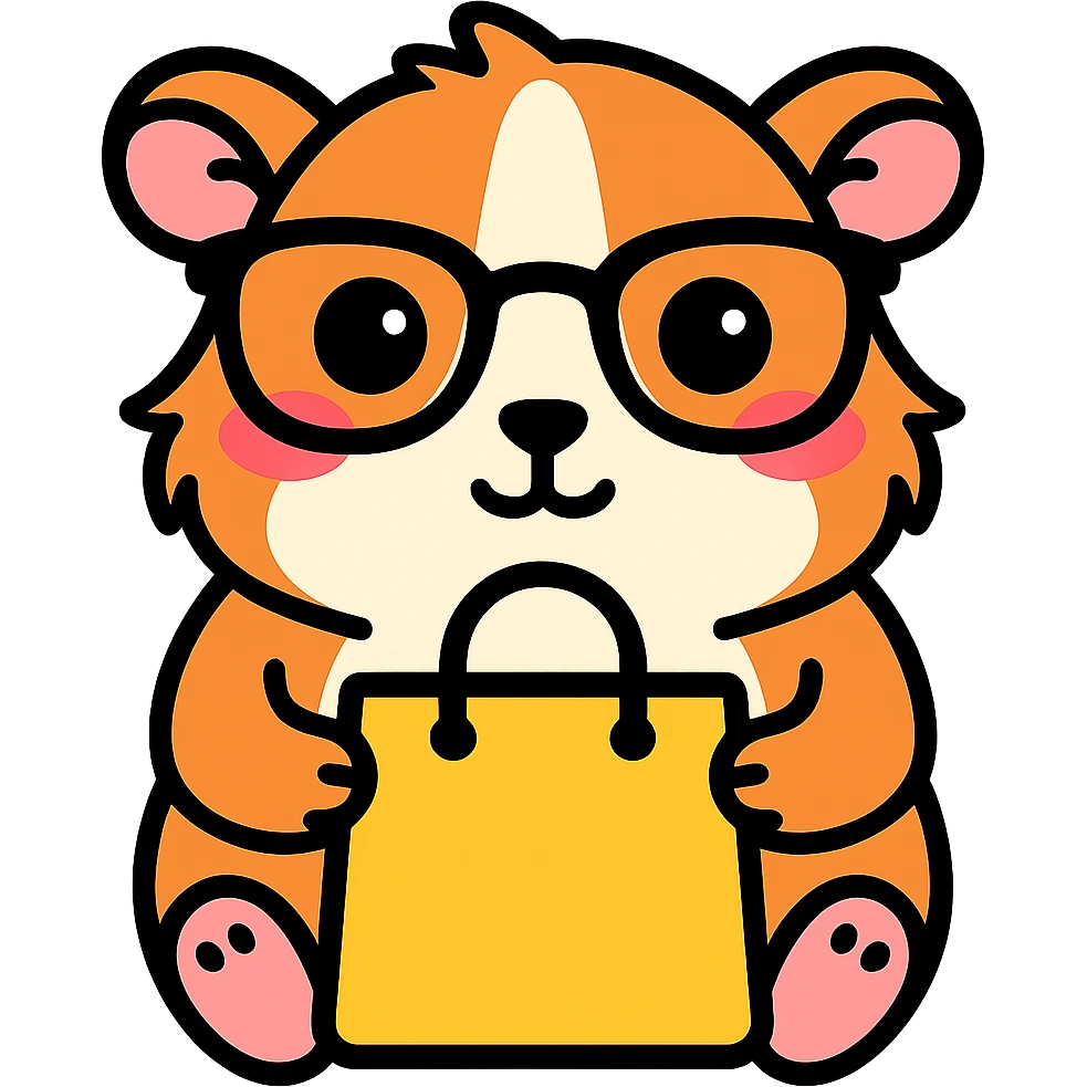 Make the guinea pig match the original reference: same face and glasses style, but holding a shopping bag for a shopping app, in a cute, outlined, colorful style. emoji