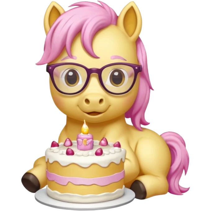 yellow pony white pink mane wearing glasses and eating a cake emoji