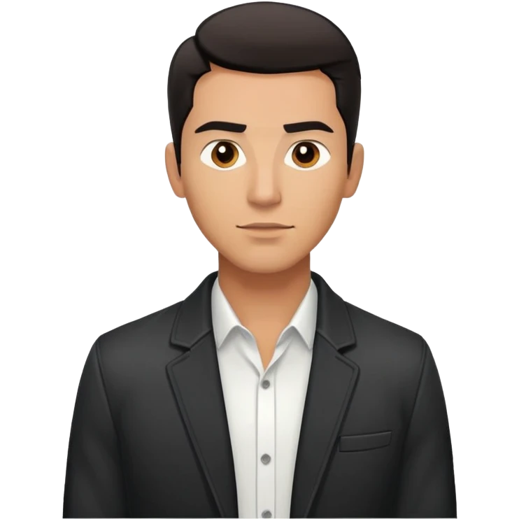 Handsome athletic Hispanic man with tan complexion, short black straight hair combed back with faded sides, square masculine face with defined jawline, neutral-friendly TV presenter expression, black jacket and white button-up shirt emoji