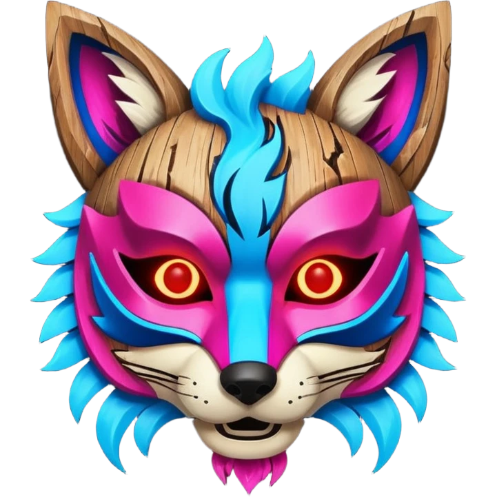 Ancient wooden mask, broken in half, luminous and neon with red, blue, and pink fox-like glow. Fragments of the mask scattered around. emoji