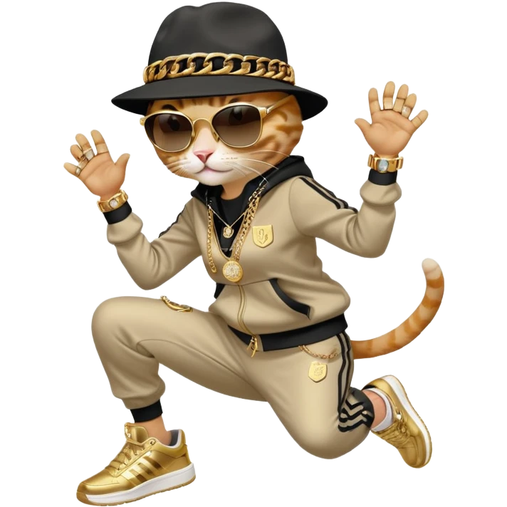 female cat jumping, Run DMC hip-hop outfit, tracksuit, fedora, Adidas sneakers, dark sunglasses, many gold chains, bling accessories rings bracelets earrings emoji