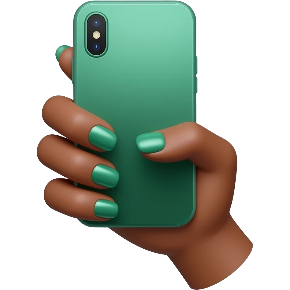 A brown skinned female hand with long fingers and emerald green nails holds an emerald green smartphone emoji