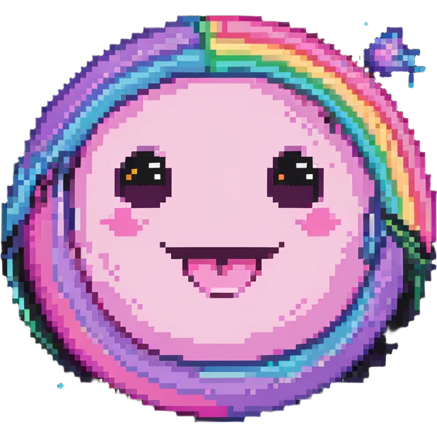 pink planet with vibrant rainbow rings and a cute winking face emoji