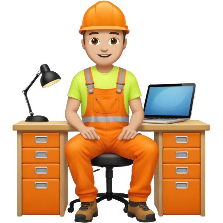 full body male figure in orange hi-vis overalls sitting at a desk, emoji style emoji