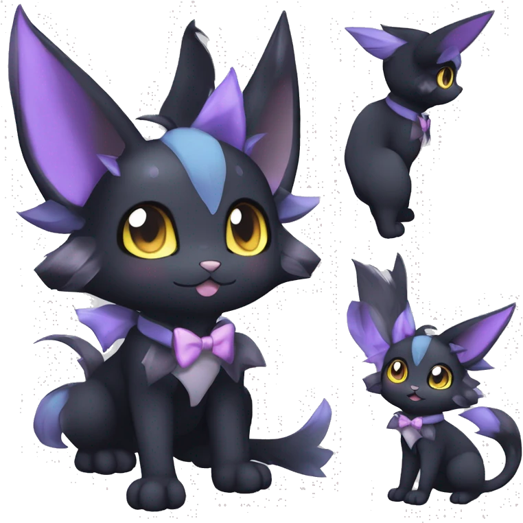Shiny Cool Edgy pastel Black beautiful ethereal fantasy Kawaii Sona Umbreon-Noibat-Litten-Fakemon-cat-animal with edgy bat-ears bow tie black mane vtuber model Full Body emoji
