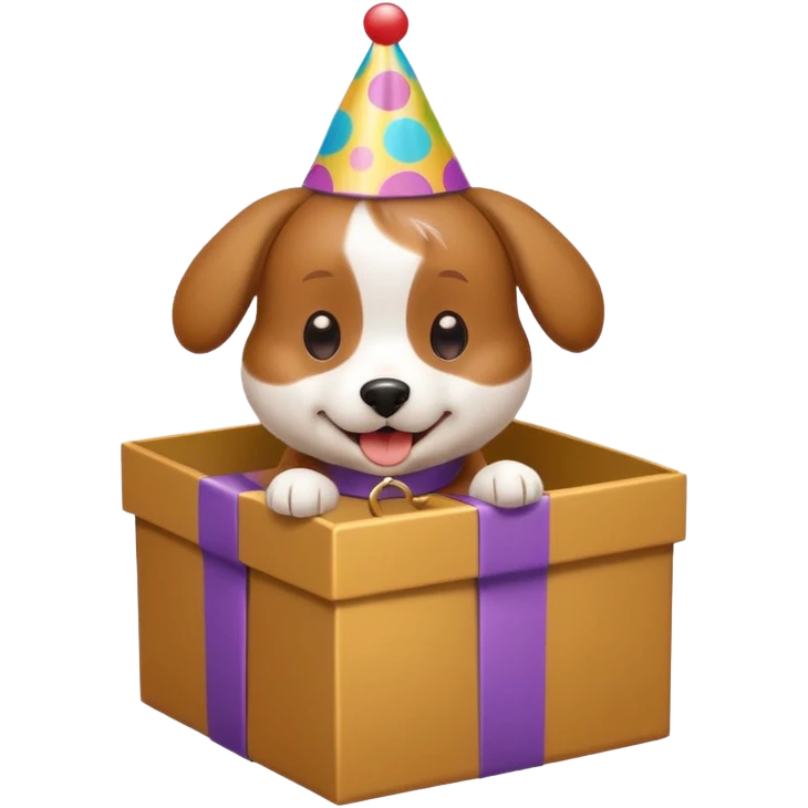 playful dog with a birthday hat, paws in a gift box emoji
