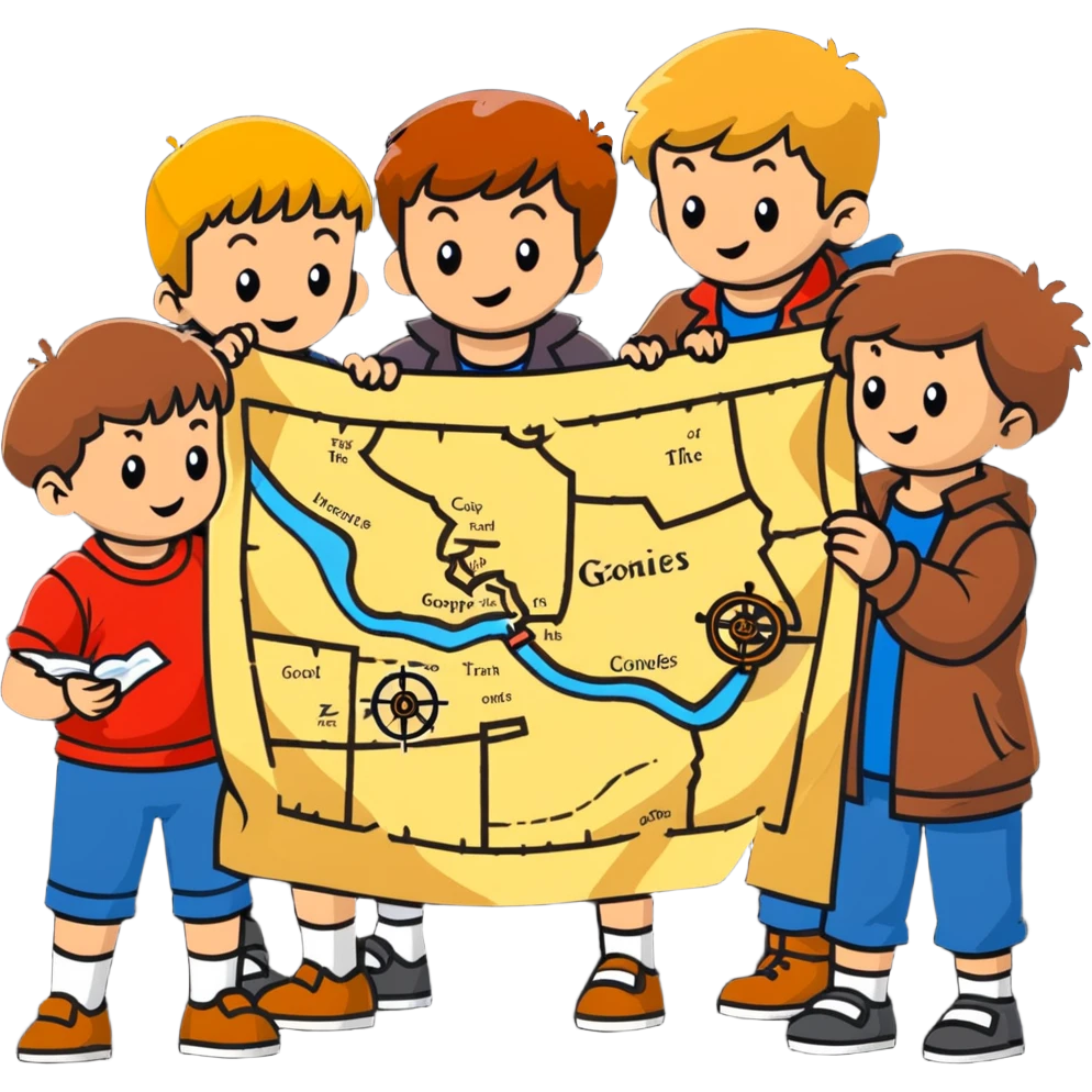 group of goonies kids examining a treasure map emoji