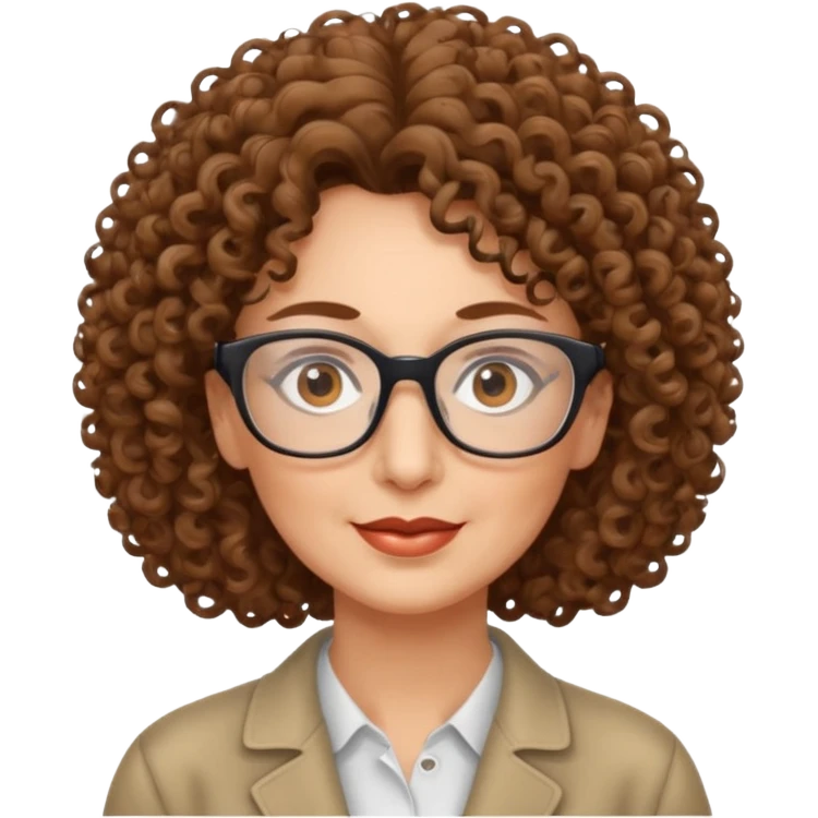 50 years old woman, curly hair, brown eyes and rectangle glasses emoji