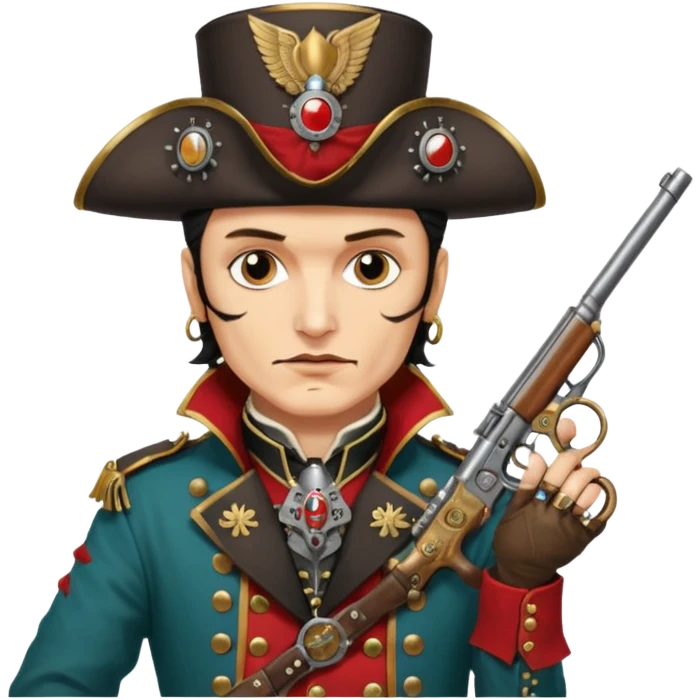 Adam Ant  painted with Indian war colors  is wearing a Hungarian Hussar'S JACKET, holds two steam punk retro guns in his hands emoji