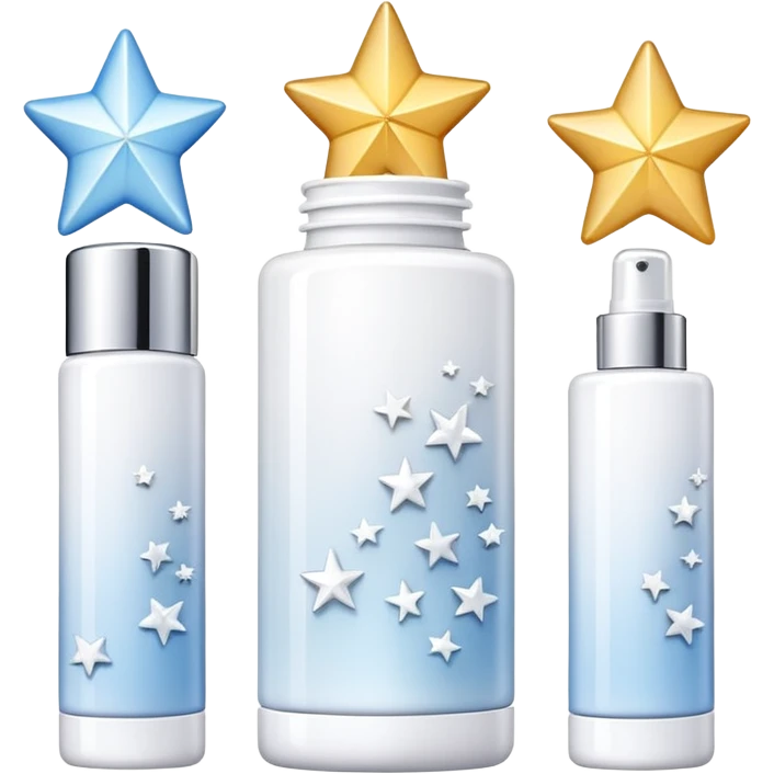 three white standing beauty products, mini stars around emoji